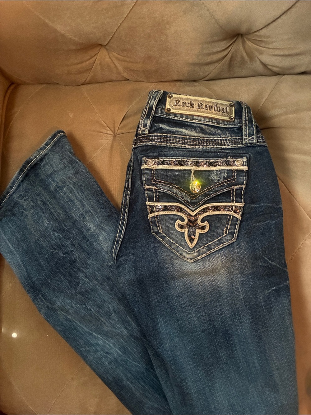 Rock Revival Women's Distressed Indigo Bootcut Jeans with Embroidered Pocket